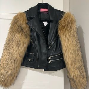 Shop Akira leather jacket with fur sleeves